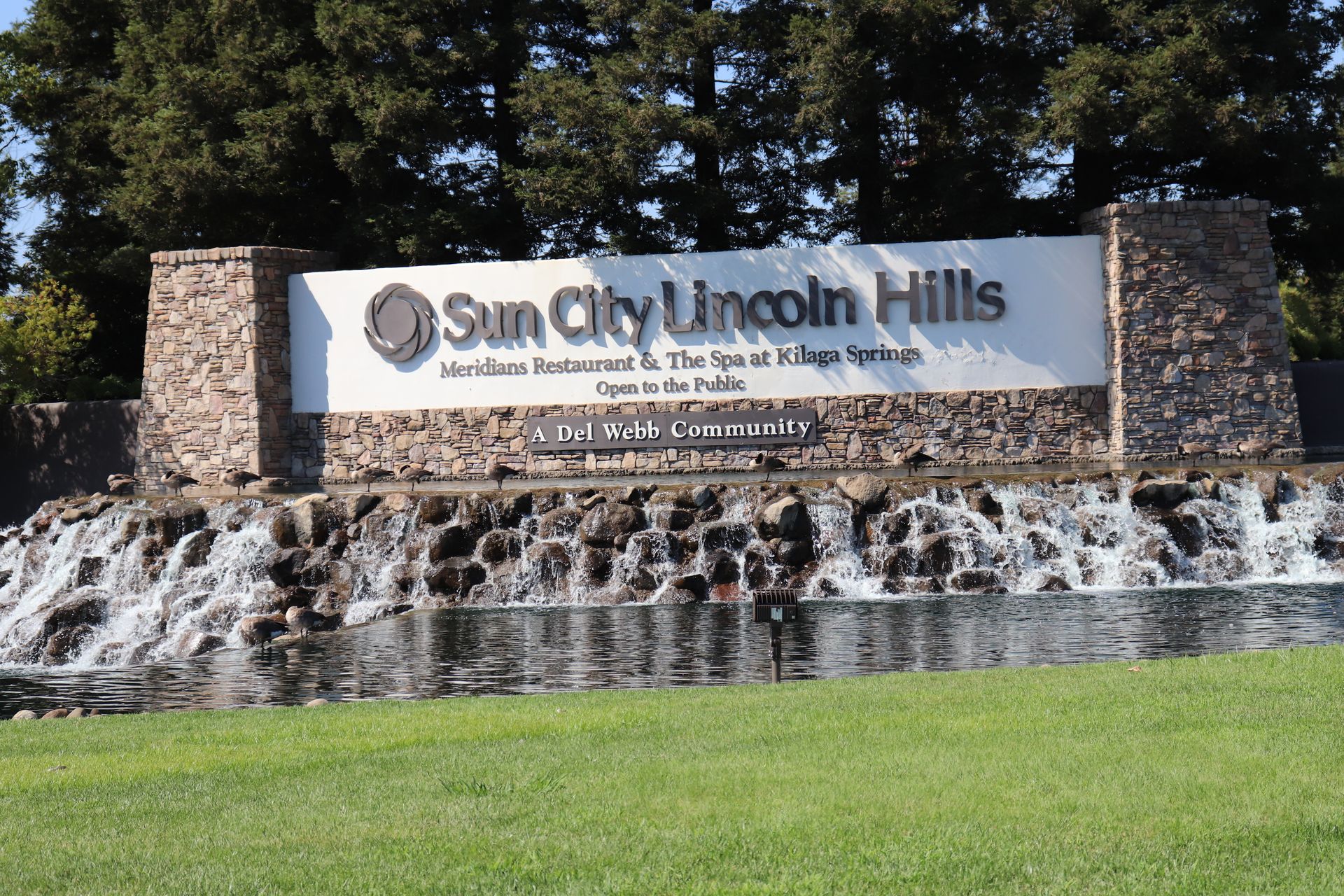 Waterfall at the Sun City Lincoln Hills entrance in Lincoln, California